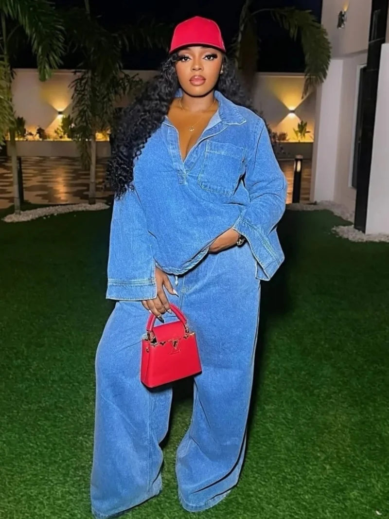 Women's Vintage Denim Shirt and Straight-Leg Jeans Set