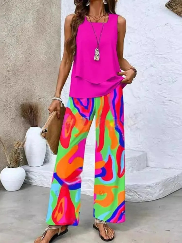 Summer Print Women Two Piece Set Fashion Top Sleevelss Elegant Suits LADYLYS