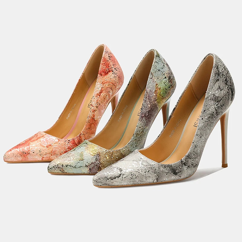 Women Cowhide High Heel Shoes Printed Leather Versatile Pumps LADYLYS