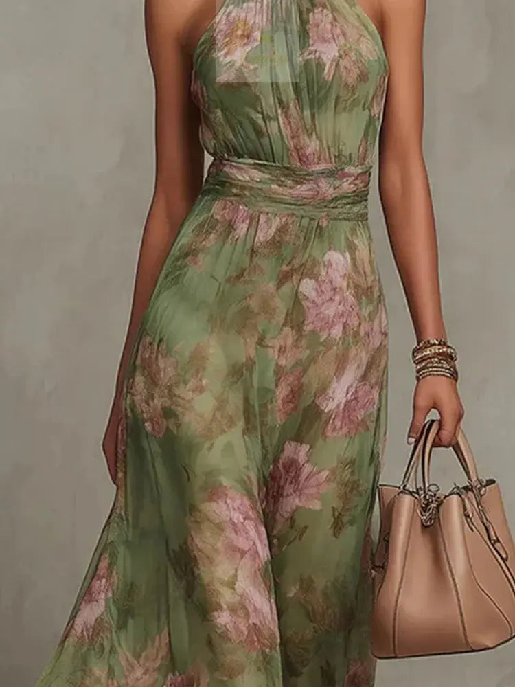Sleeveless High Neck Ruched Waist Chiffon Flowy Evening Party Dress LADYLYS