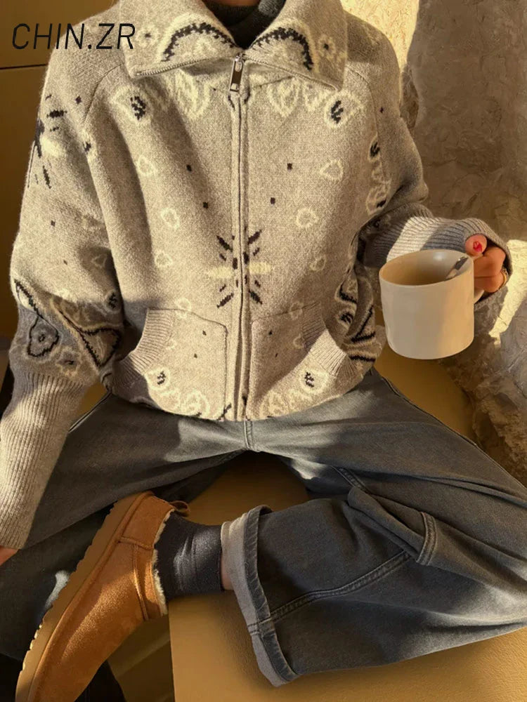 Women's Boho Jacquard Knit Cardigan with Stand Collar and Zip