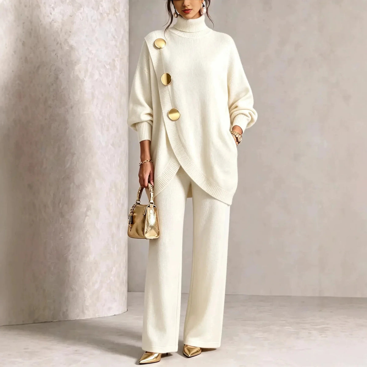 Women's Knit 2-Piece Set: Turtleneck Sweater and Wide-Leg Trousers
