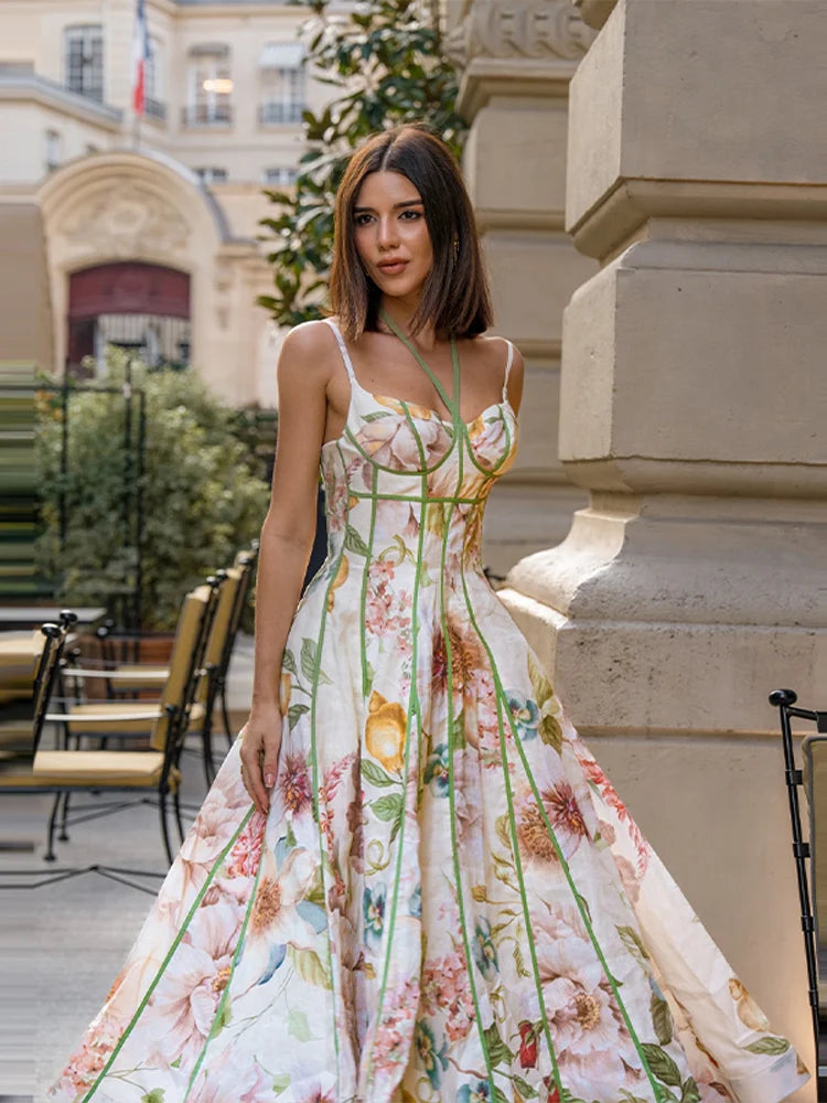 Floral Print Halter Neck Corset Waist Maxi Dress Elegant LADYLYS
