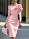 Women's 3D Floral Bodycon Knee Dress – Long Sleeve Formal Evening Dress