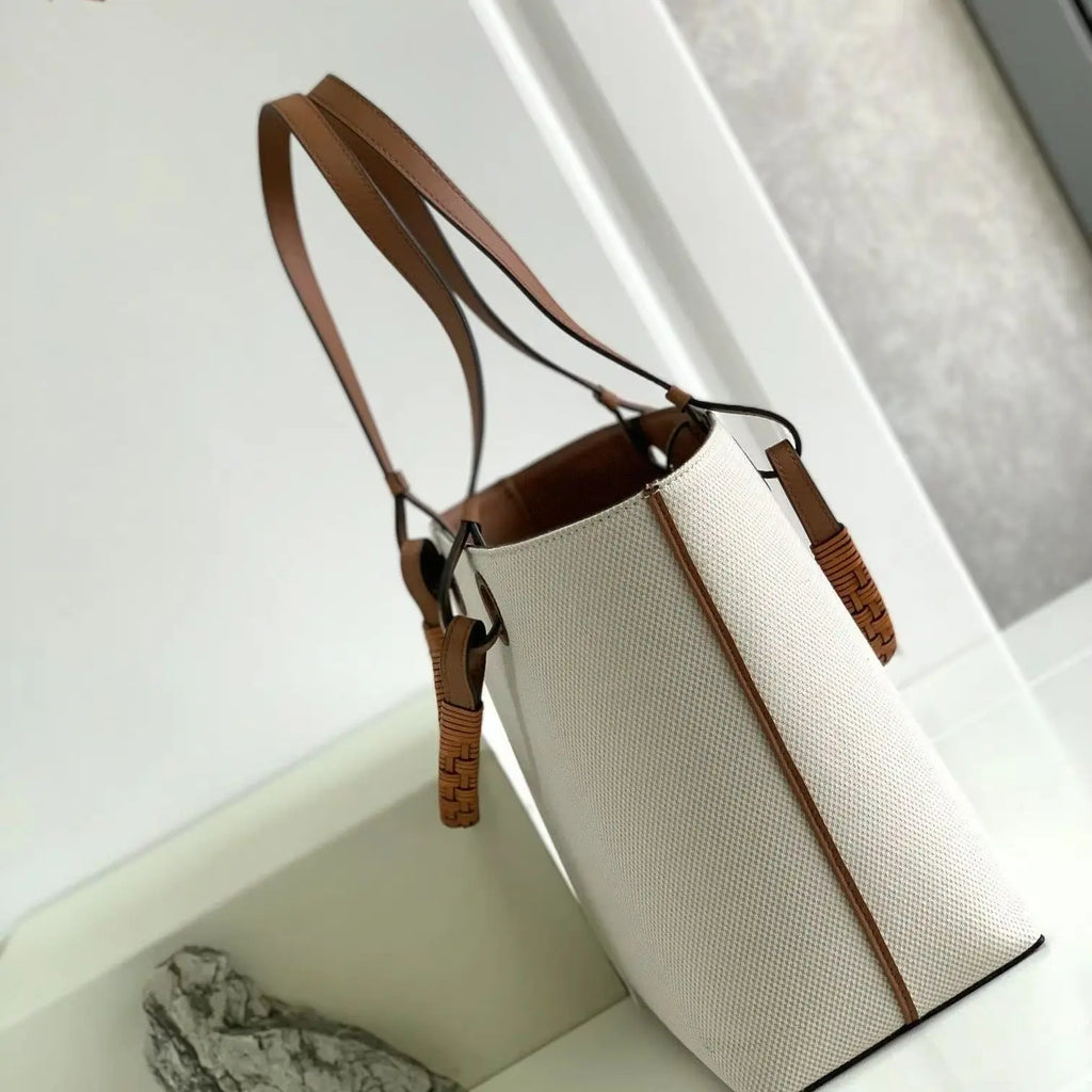 Off-White Canvas Tote Bag – Luxury Leather Trim Multi-Way Shoulder Handbag