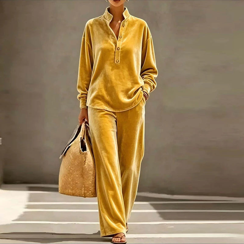 Women's Velvet 2-Piece Set: Stand Collar Blouse and Wide-Leg Trousers
