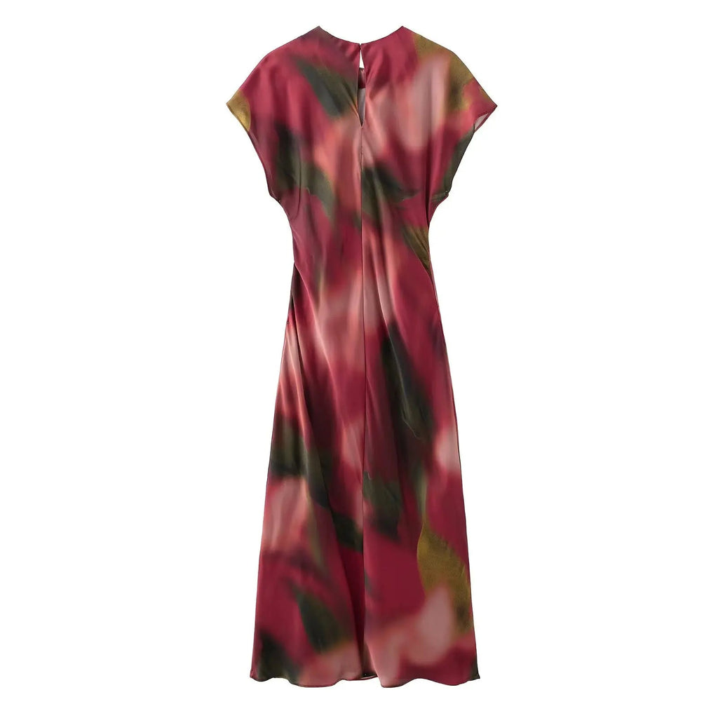 Vintage Satin Asymmetric Print Midi Pinch Pleat Long Dress LADYLYS