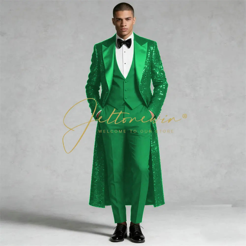 Sequin Wedding Suits For Men Peaked Lapel Groom elegant 3 Pieces LADYLYS
