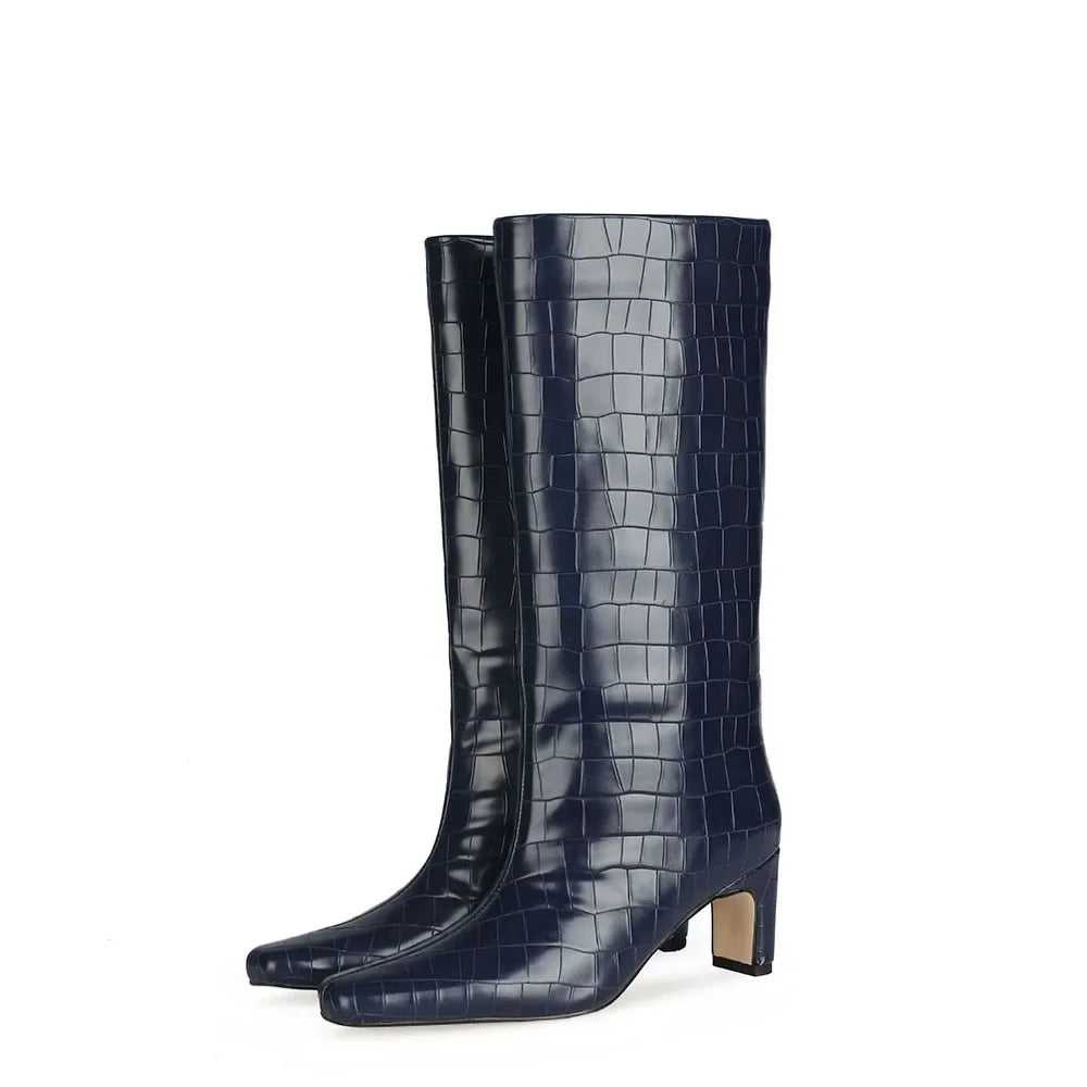 Women's Patent Leather Knee-High Boots – Thick Square Heel Slip-On Winter Boots in 21 Colours