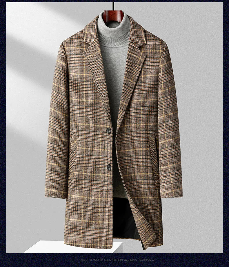 Men's Plaid Cashmere Trench Coat – Business Casual, Winter Luxury Outerwear