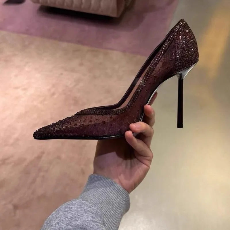 Women's Rhinestone Mesh Stiletto Pumps – Pointed Toe Slingback Heels