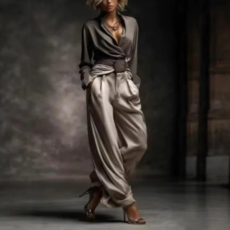Vintage Satin Wide Leg Pants Suit Long Sleeve Cross V Neck Shirt High Waist LADYLYS