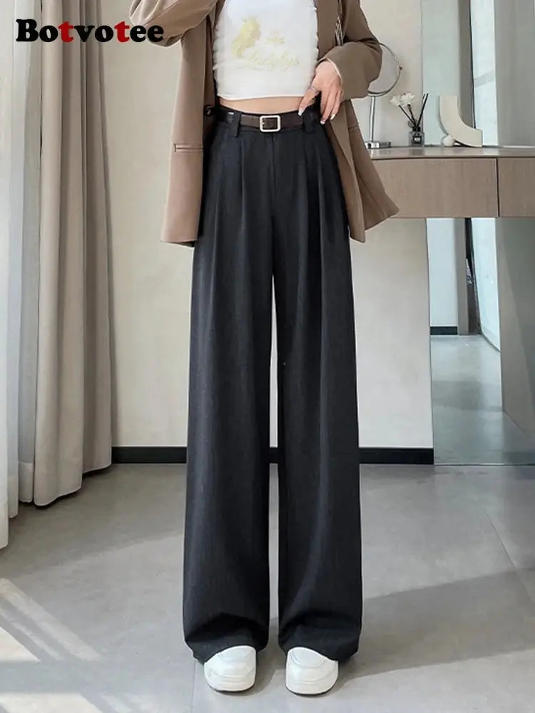Botvotee Burgundy Suits Pants for Women Office Lady Elegant High Waist Wide Leg LADYLYS