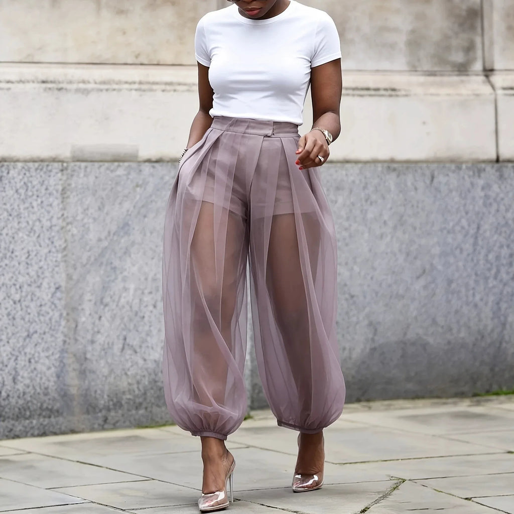 Women's Sheer Mesh Tulle Balloon Pants — High-Waist Elastic Cuff Bloomer Trousers | Elegant Casual