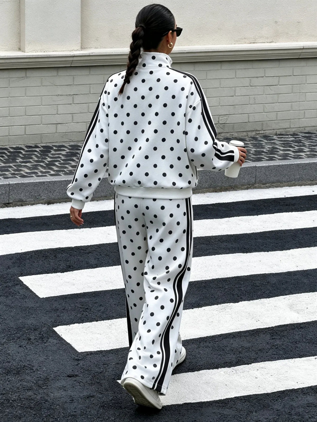 Women's Polka Dot Zip-Up Jacket & Wide-Leg Trousers Set