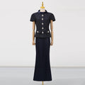 Sets Stand Collar Short Sleeves Spliced Pocket Tweed Top High Waist Maxi Skirts Vintage Suit LADYLYS