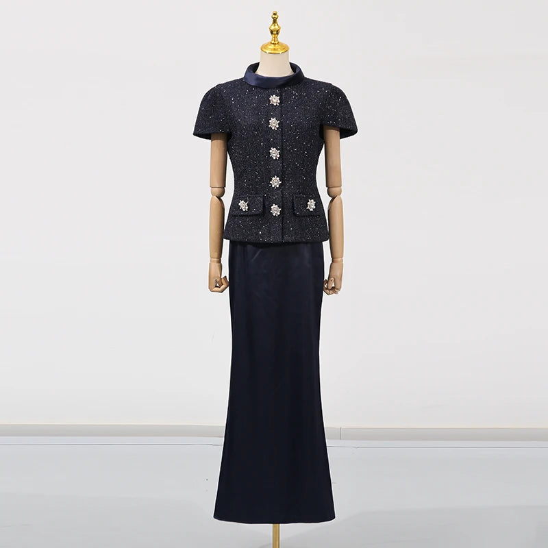 Sets Stand Collar Short Sleeves Spliced Pocket Tweed Top High Waist Maxi Skirts Vintage Suit LADYLYS