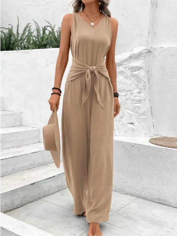 Solid Jumpsuit Casual Sleeveless V Neck Lace-Up Wide Leg Pants LADYLYS
