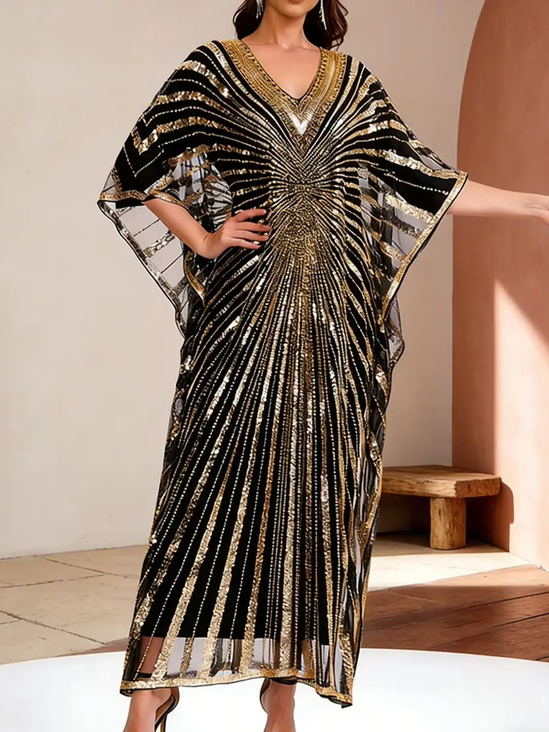 Women's Beaded Kaftan Gown – Embellished Floor-Length Batwing Dress | Ethnic Luxury Evening Robe
