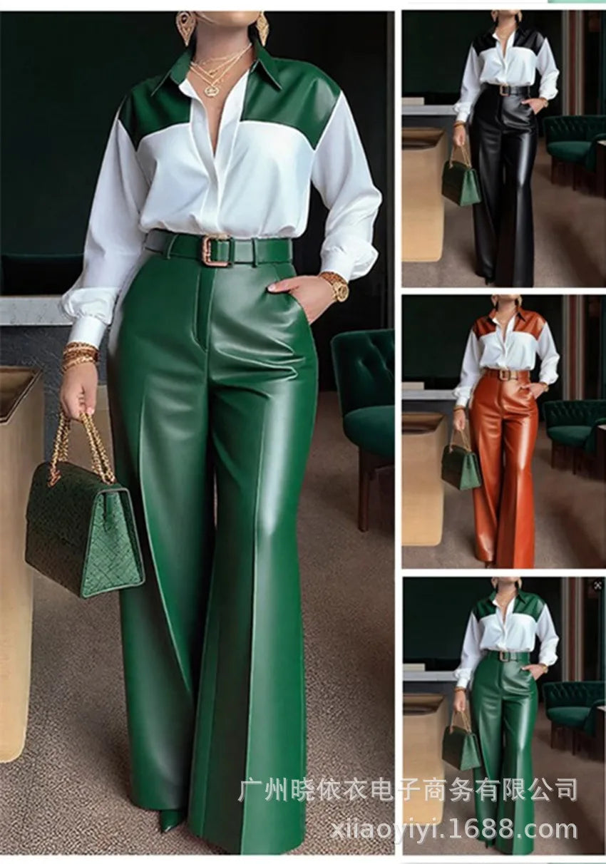 Women's 2-Piece Set: Long Sleeve Shirt and Wide-Leg Faux Leather Trousers