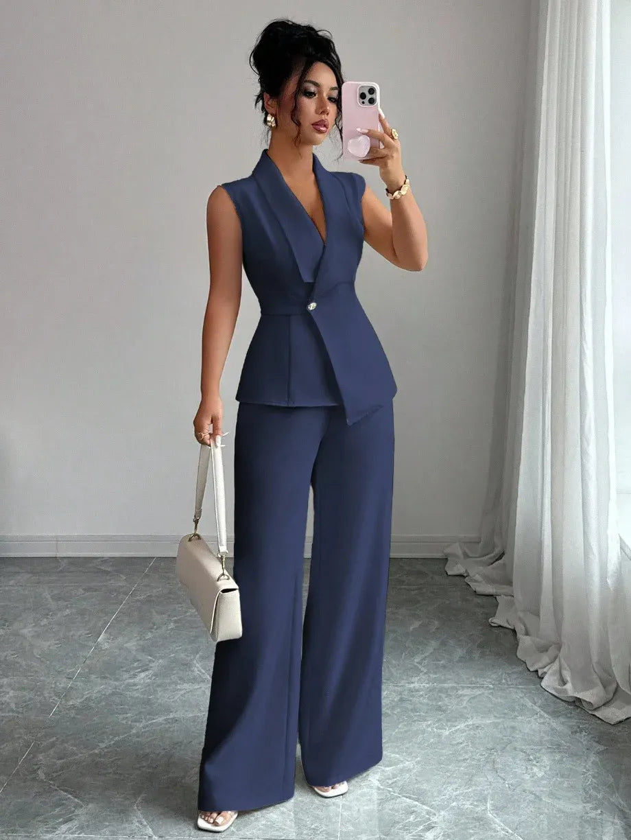 Women's Blazer & High-Waisted Wide-Leg Trousers Set