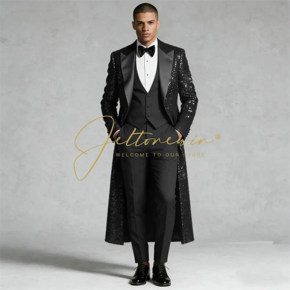 Sequin Wedding Suits For Men Peaked Lapel Groom elegant 3 Pieces LADYLYS
