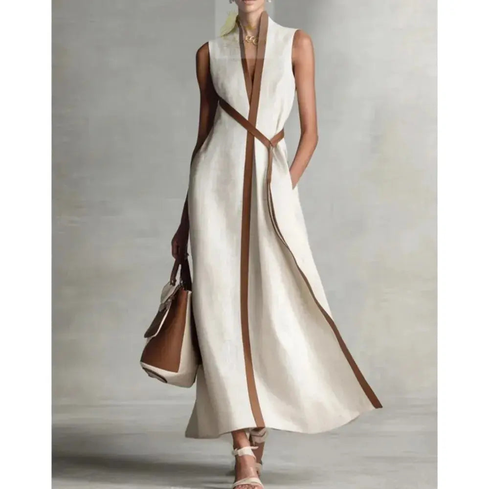 Retro Striped Splicing Cotton Linen Sleeveless Women's Dress Temperament LADYLYS