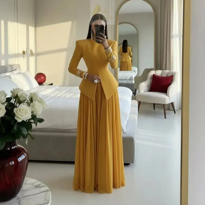 Elegant Solid Women's Blazer Suit Split Coats Chiffon Skirt Lady Set LADYLYS