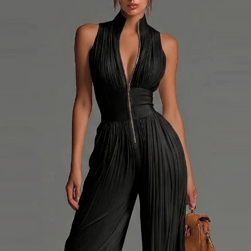 Elegant Lady Zipper Wide Leg Playsuits Stand Collar High Waist Pleat Jumpsuit LADYLYS