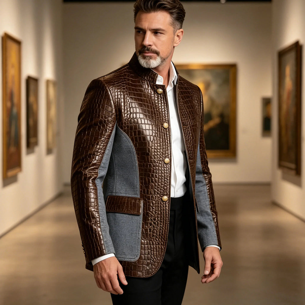 Men's Crocodile Embossed Leather Brown Jacket Patchwork Denim Luxury PU LADYLYS
