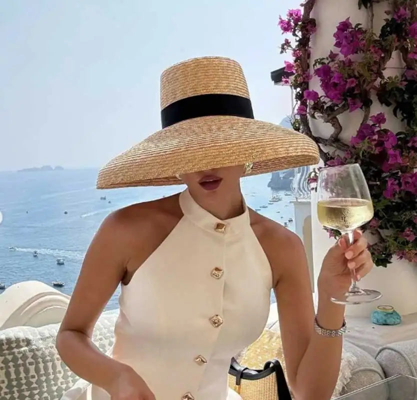 Red edging 2026 Sun Hats Hepburn hat Shiny Straw Hat European American  Braided Female Sunshade  chapeau femme LADYLYS