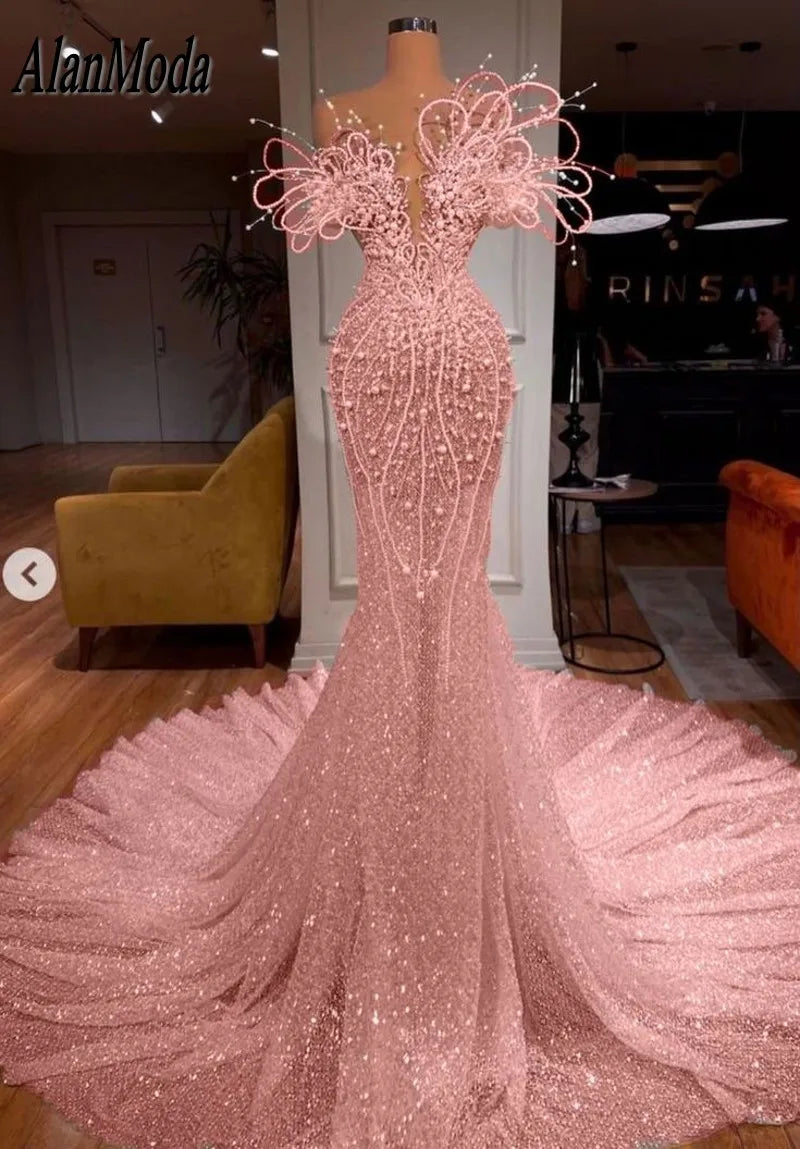 Evening Dress Gowns Shiny Pearls Dubai Prom LADYLYS
