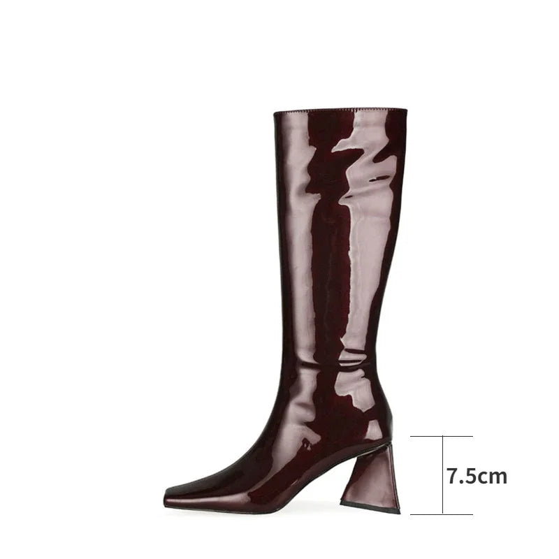 Women's Patent Leather Knee-High Boots – Thick Square Heel Slip-On Winter Boots in 21 Colours