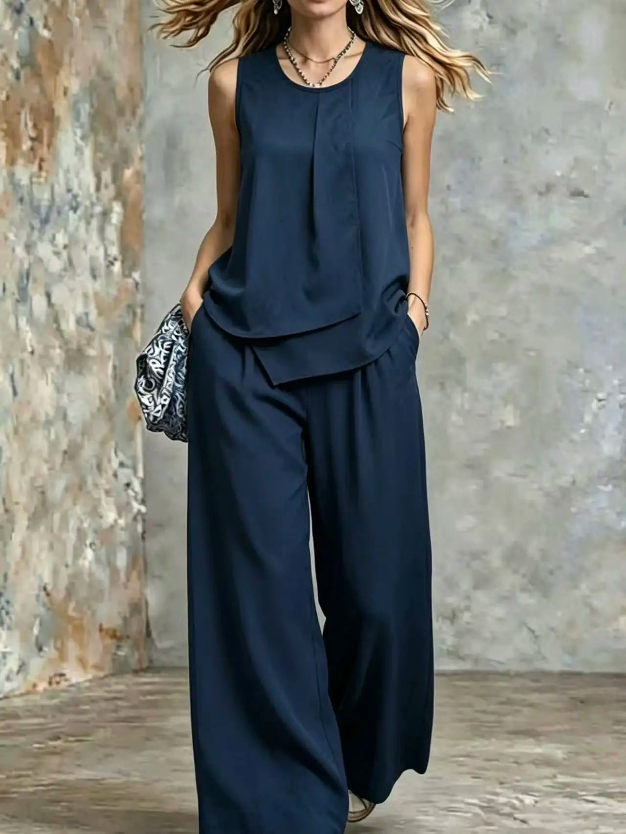 Women's Summer 2-Piece Outfit – Solid Sleeveless Top & Irregular Hem Skirt