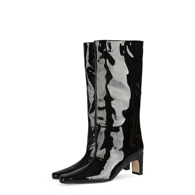 Women's Patent Leather Knee-High Boots – Thick Square Heel Slip-On Winter Boots in 21 Colours