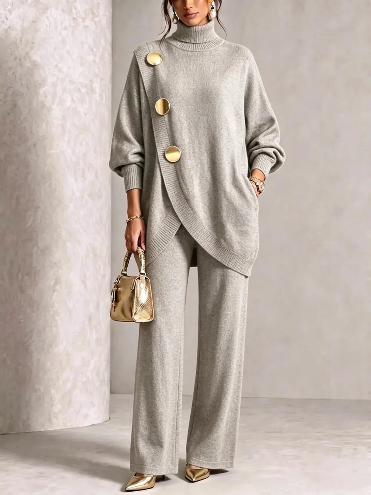 Women's Knit 2-Piece Set: Turtleneck Sweater and Wide-Leg Trousers