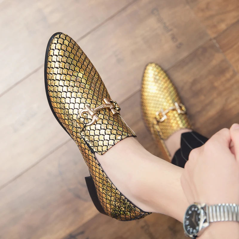 High-end banquet shoes, luxurious gold, pointed toe in genuine leather, large sizes: 38-48 LADYLYS
