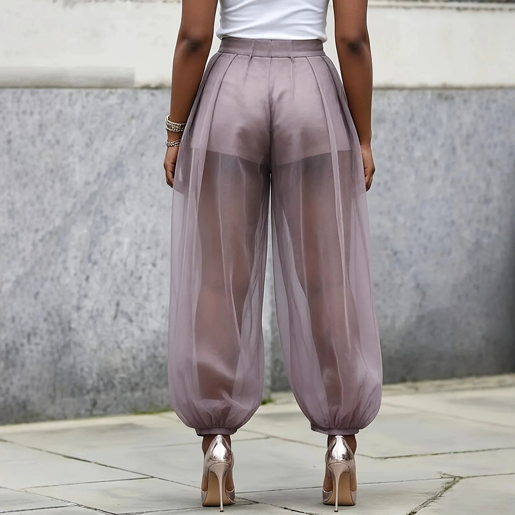 Women's Sheer Mesh Tulle Balloon Pants — High-Waist Elastic Cuff Bloomer Trousers | Elegant Casual