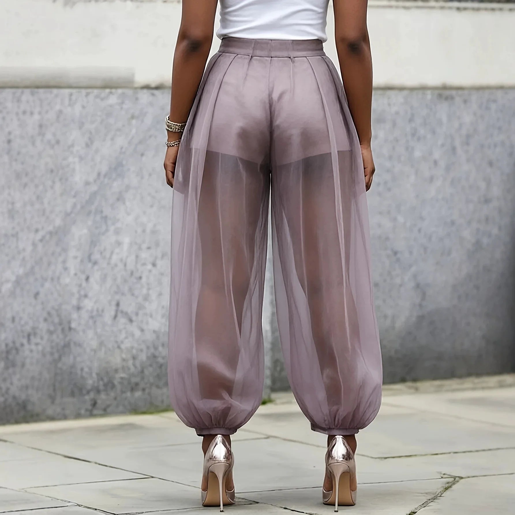Women's Sheer Mesh Tulle Balloon Pants — High-Waist Elastic Cuff Bloomer Trousers | Elegant Casual