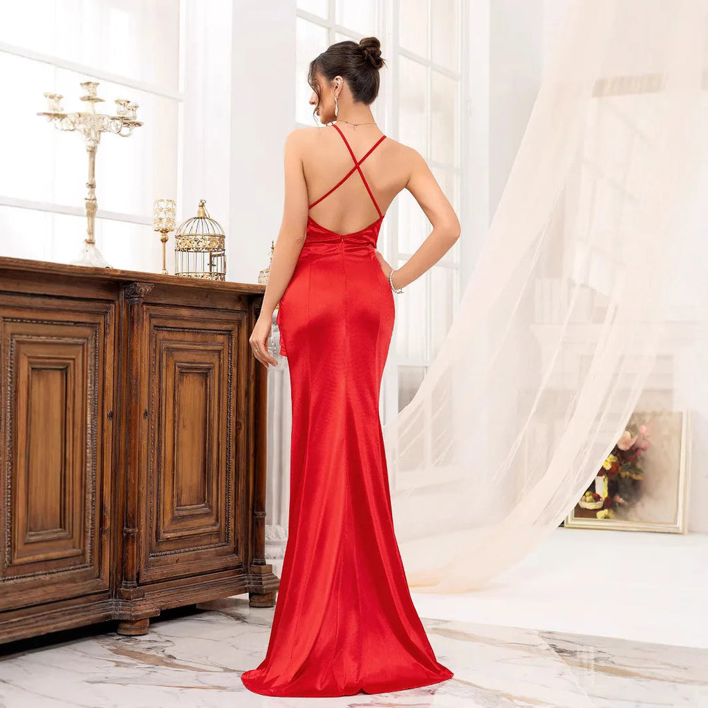 Summer New V-neck Strapless Fish-tail Pure Sexy Chic Polyester Lace-up Dress LADYLYS