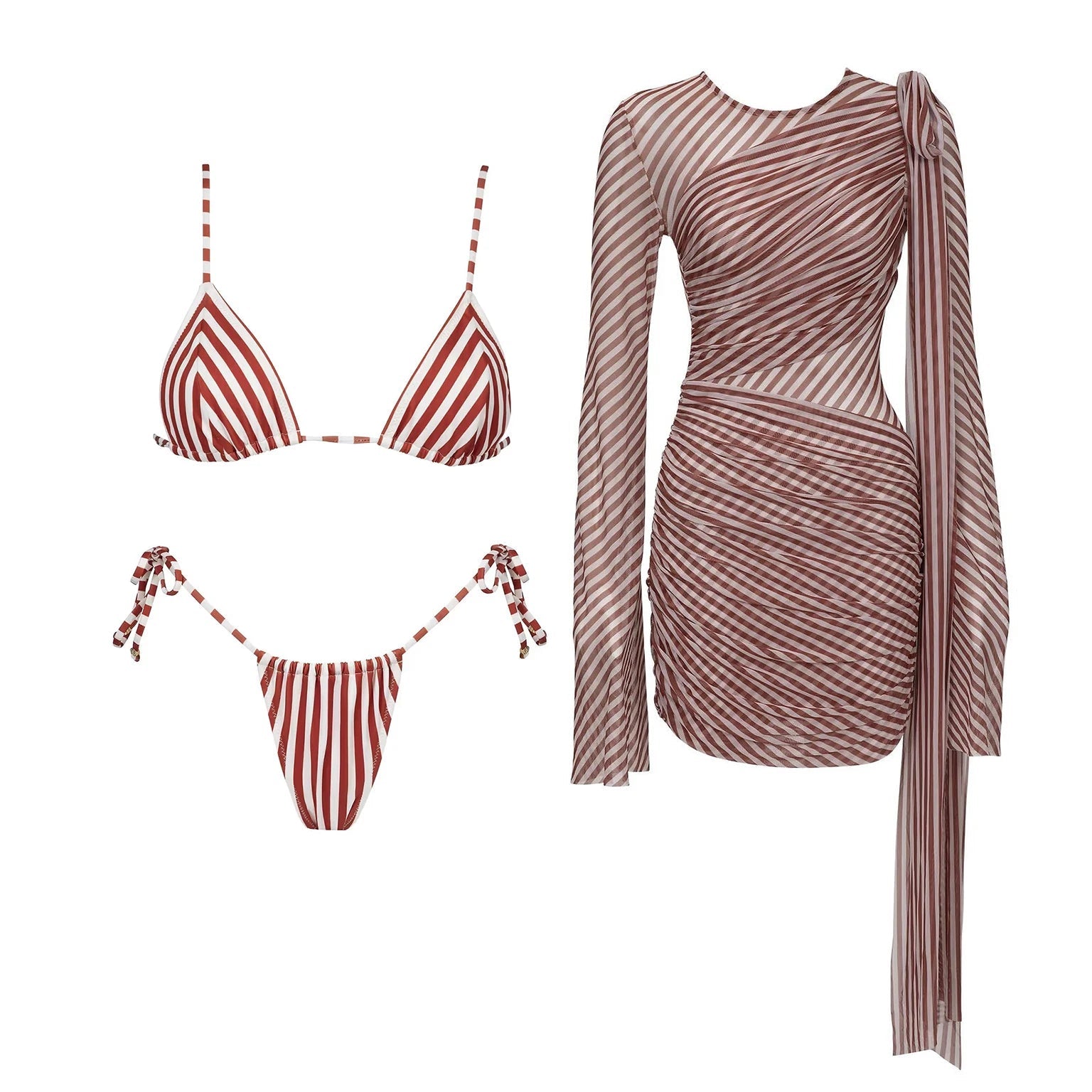 2Pcs Striped Swimsuit With Long Skirt Sexy Women Bikini Push Up Swimwear Halter LADYLYS
