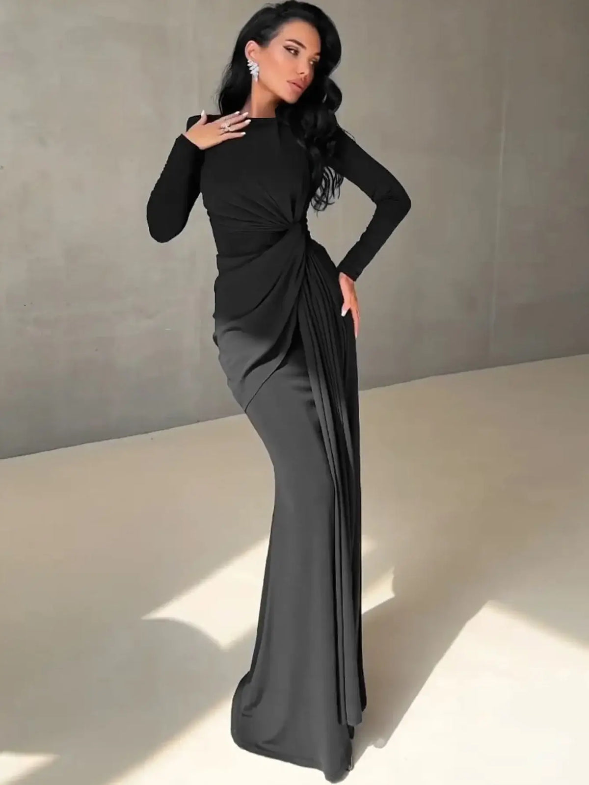 Ruched Bodycon Maxi Dress with Long Sleeves and Fishtail Hem