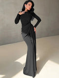 Ruched Bodycon Maxi Dress with Long Sleeves and Fishtail Hem