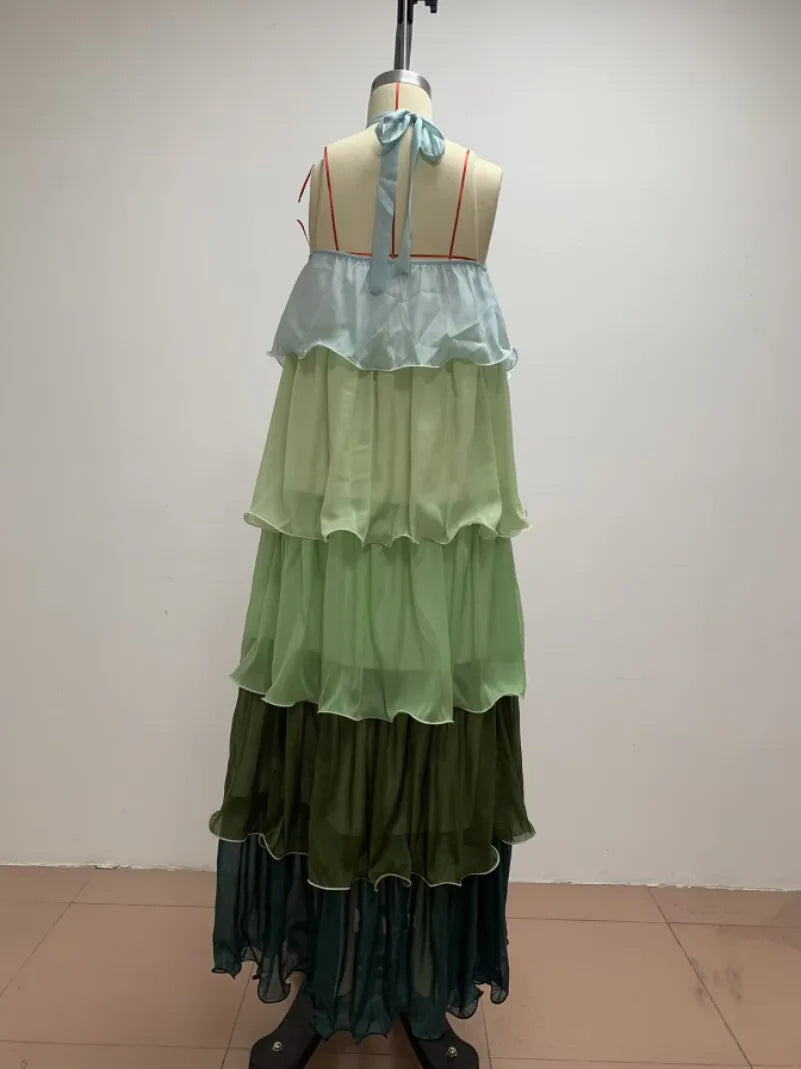 Y2K Sleeveless Halter Cake Dress – A-Line Midi Party Dress