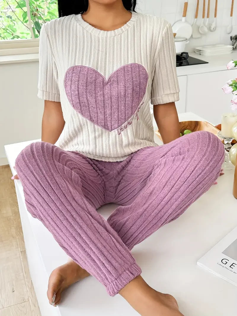Two-Piece Pajamas Set Sleepwear Heart Print Round LADYLYS