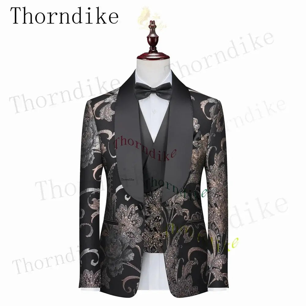 Men Sliver&Golden Pattern Wedding Suits Slim Fit Single Breasted Prom Blazers Pants Vest LADYLYS