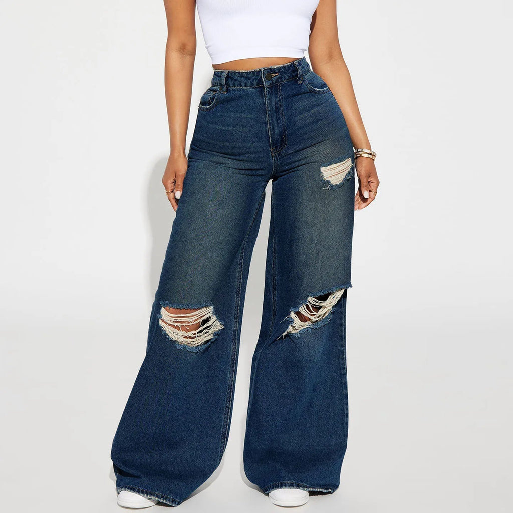Wide-leg Jeans Washed Holes Loose Casual Floor-length Jeans Women LADYLYS