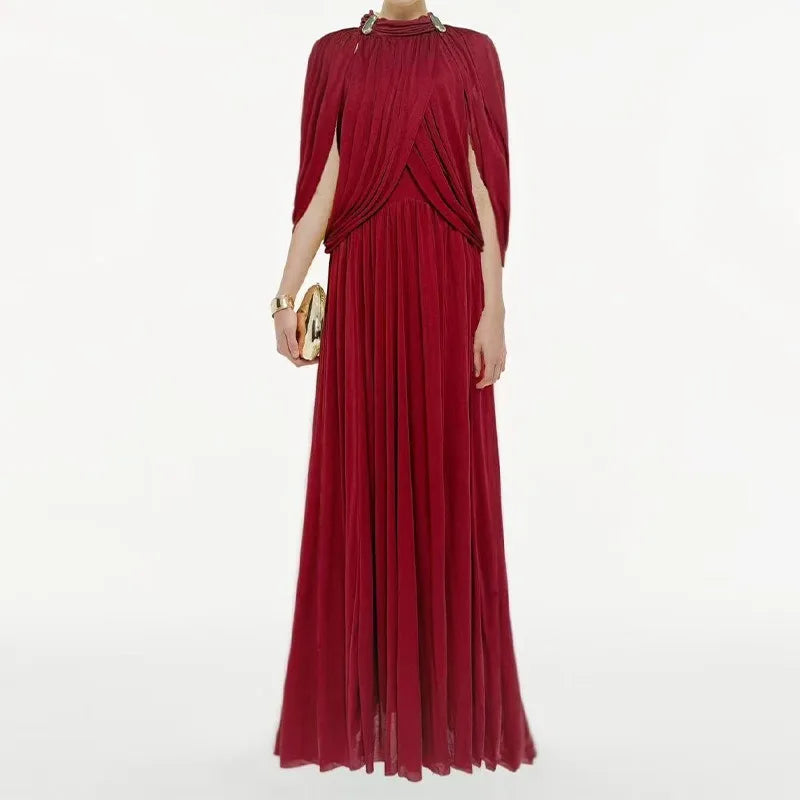 Chic Chiffon Pleated Maxi Dress Women Elegant Flutter Sleeve Turtleneck LADYLYS