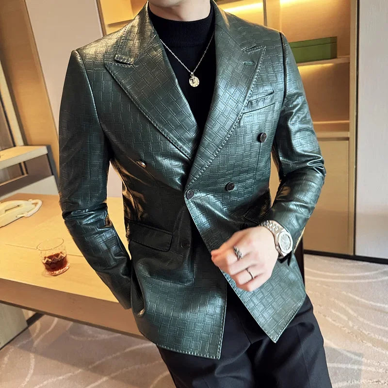 Men's Double-Breasted Check Blazer – Slim Fit, Smart Casual, Business Suit Jacket