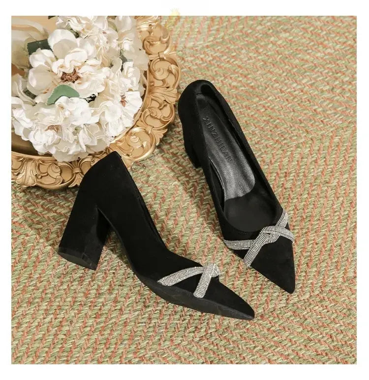 Chunky Heel Pointed Toe Rhinestone Suede High-heeled Shoes Women Block Heel Pumps LADYLYS